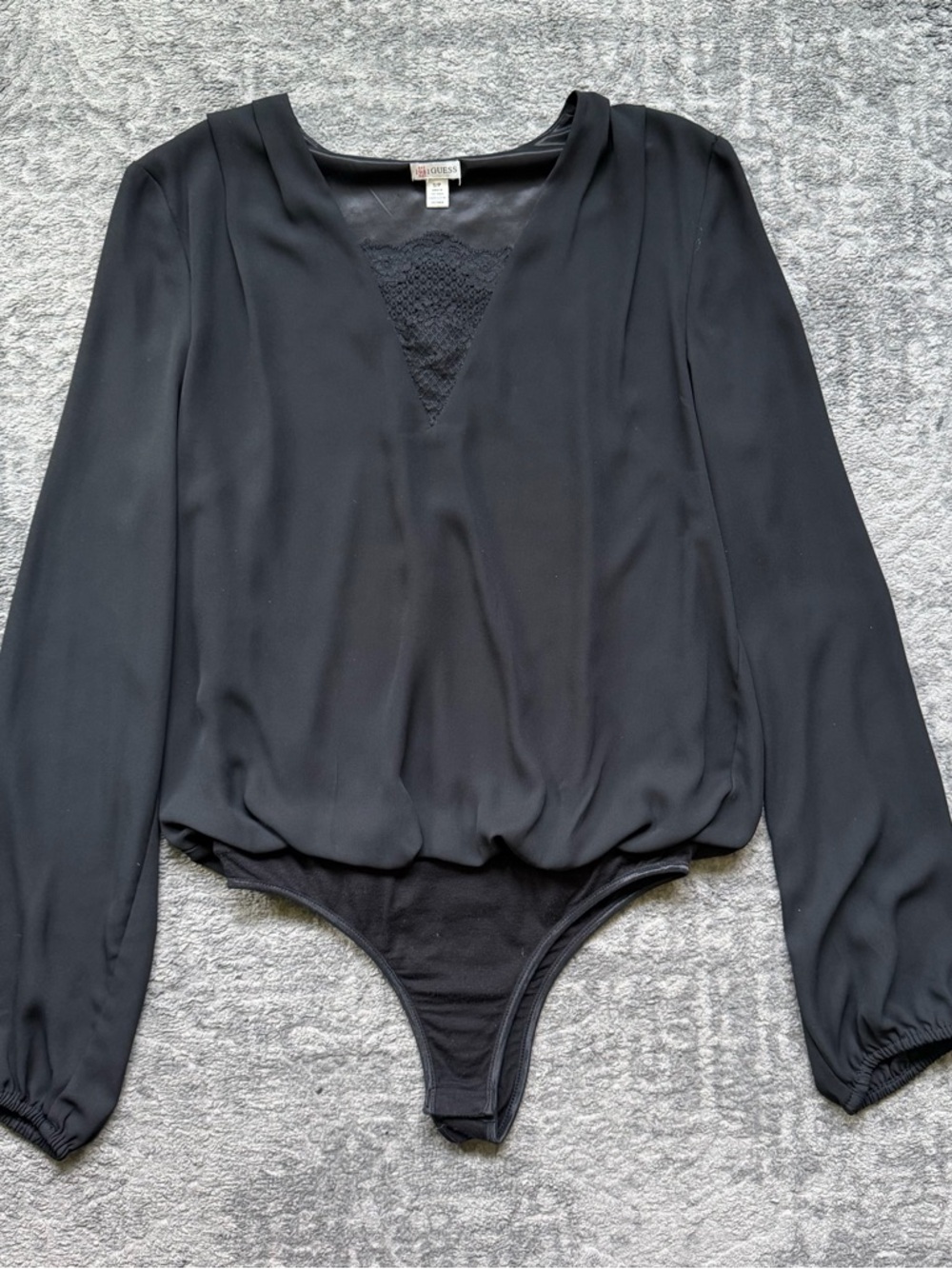 Guess Black Long-Sleeve V-Neck Lace Inset Bodysuit